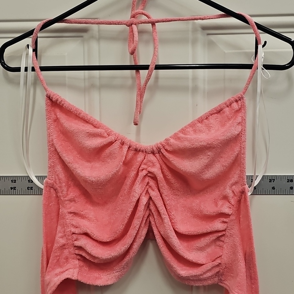 Pink, Ruched, Halter, Top, Swim, Beach, Summer, Fox, Velour, Barbie, Party, Sun